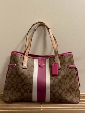 Coach Brown Signature Tote with Pink and White Stripes